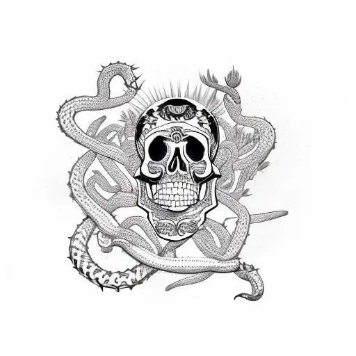 Mexican style skull surrounded by snakes, scorpions, cactuses tattoo design idea