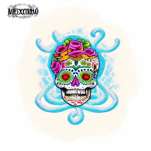 Mexican calavera surrounded by snakes tattoo design idea