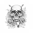 Mexican style skull surrounded by flowers, snakes, scorpions, cactuses, spiders, beer and mezcal tattoo design idea