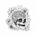Mexican style skull surrounded by flowers, snakes, scorpions, cactuses, spiders, beer and mezcal tattoo design idea
