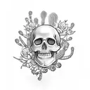 Mexican style skull surrounded by flowers, snakes, scorpions, cactuses, spiders, beer and mezcal tattoo design idea