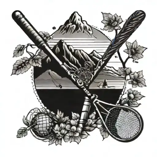 A tattoo design of a cricket and badminton racket crossed over each other, with a mountain landscape in the background tattoo design idea