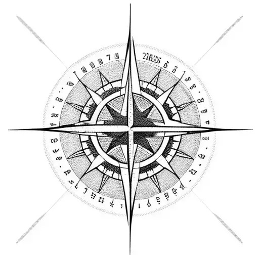 A blackwork design of a compass with family members' birthdates as coordinates tattoo design idea
