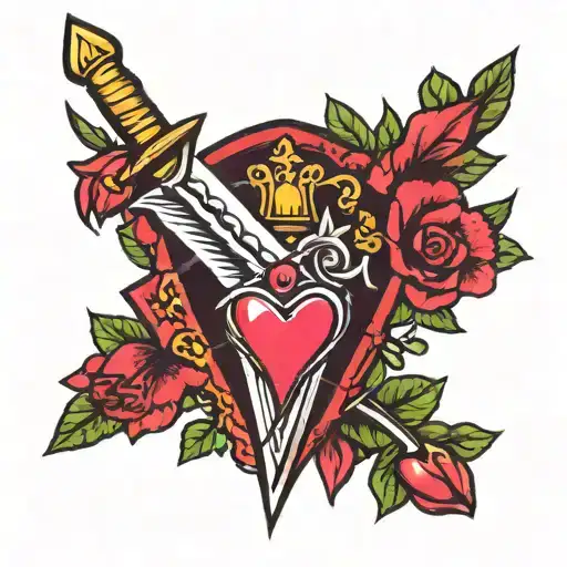 dagger with bleeding heart using pink and red tattoo design idea