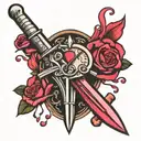 dagger with bleeding heart using pink and red tattoo design idea