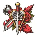 dagger with bleeding heart using pink and red tattoo design idea