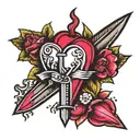 dagger with bleeding heart using pink and red tattoo design idea