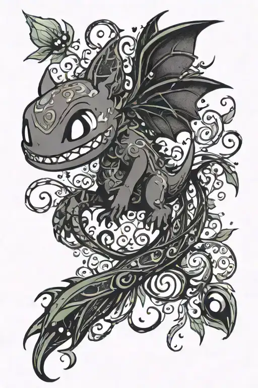 Back tattoo vine paintbrush look with the following characters in it: soot sprites, toothless, calcifer, eore, stitch, h tattoo design idea