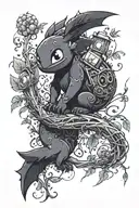 Back tattoo vine paintbrush look with the following characters in it: soot sprites, toothless, calcifer, eore, stitch, h tattoo design idea