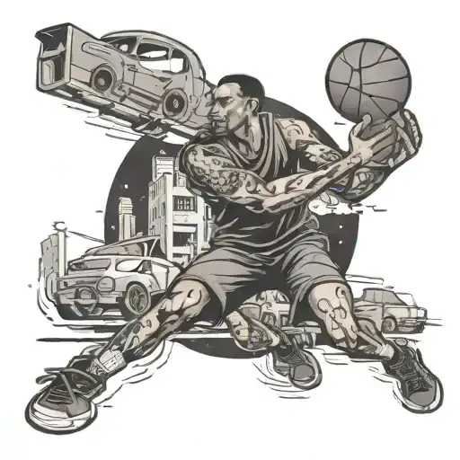 A basketball player shooting hoops with a gun instead of a basketball, surrounded by cars racing around him tattoo design idea