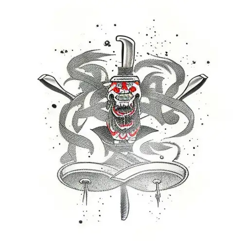 A chef's knife and a game controller intertwined tattoo design idea