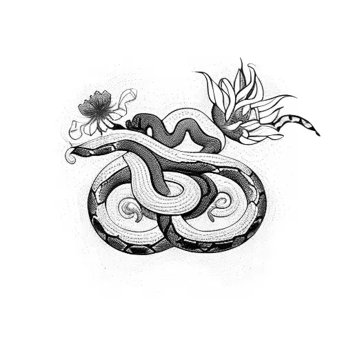 A blackwork tattoo of a snake coiled around a caduceus with vibrant flowers blooming from its scales tattoo design idea