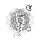 A blackwork tattoo of a snake coiled around a caduceus with vibrant flowers blooming from its scales tattoo design idea