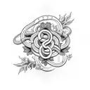 A blackwork tattoo of a snake coiled around a caduceus with vibrant flowers blooming from its scales tattoo design idea