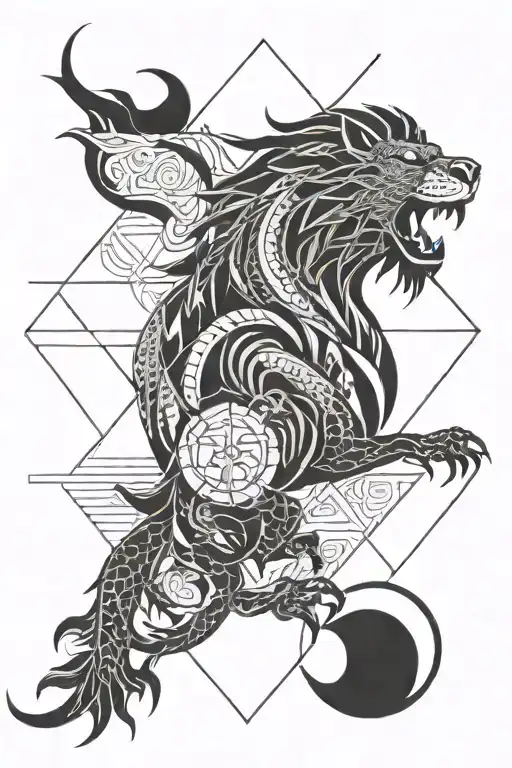 sun moon lion dragon water tattoo design idea