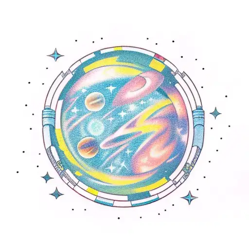 outer space background with four star dragon ball as a planet and the final fantasy 7 meteor logo tattoo design idea