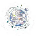 outer space background with four star dragon ball as a planet and the final fantasy 7 meteor logo tattoo design idea