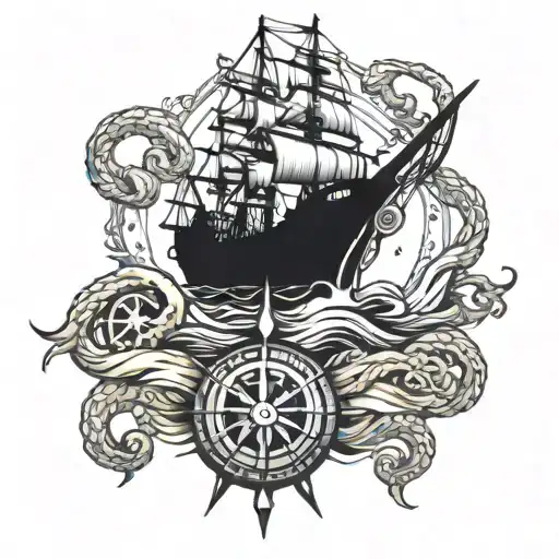 ship, Kraken and compass tattoo design idea