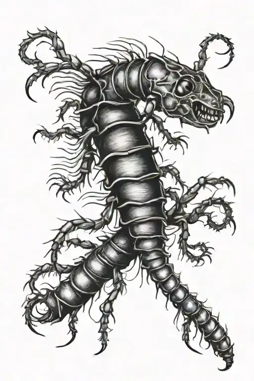 Incorporate a detailed and intricate illustration of a centipede (сколопендра) crawling up the client's arm, with each segment of the centipede representing a different aspect of their life as a student. tattoo design idea
