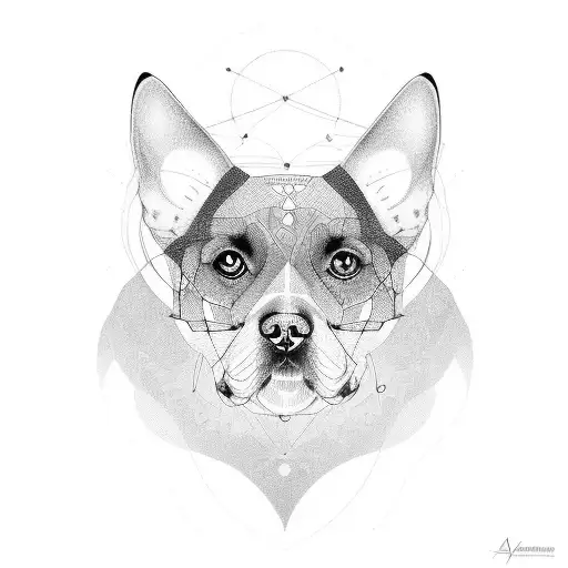 A portrait of your beloved dog with intricate geometric patterns forming its fur tattoo design idea
