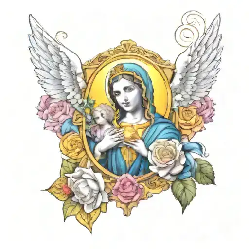 design a tattoo of the Madonna del Soccorso (Our Lady of Help) surrounded with bright and colorful angels   tattoo design idea