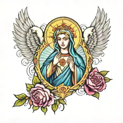 design a tattoo of the Madonna del Soccorso (Our Lady of Help) surrounded with bright and colorful angels   tattoo design idea