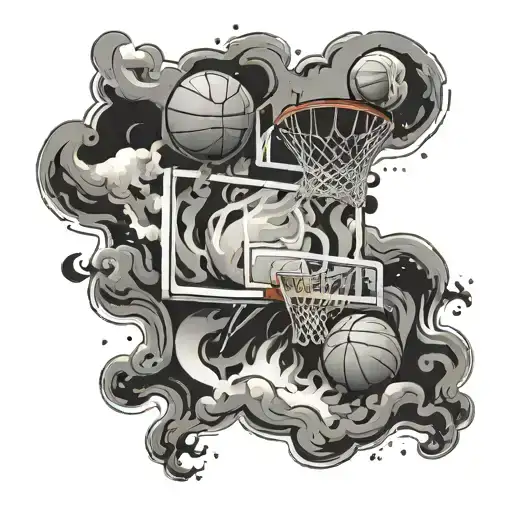 A basketball court with smoke swirling around, incorporating your passion for basketball and smoking weed in a creative design tattoo design idea