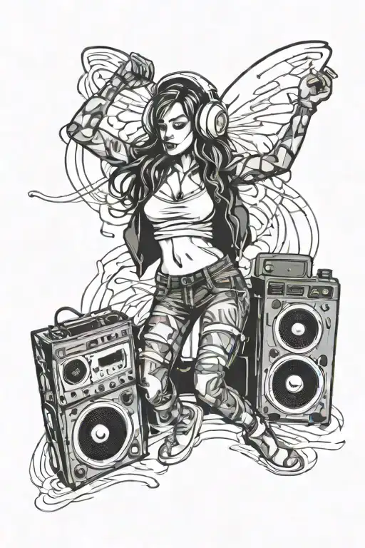 A sexy girl dancing with a boom box in the background, representing your love for dancing and music tattoo design idea