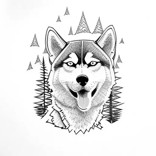 husky in a forest with snow capped mountains in background tattoo design idea
