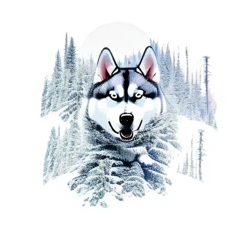 husky in a forest with snow capped mountains in background tattoo design idea