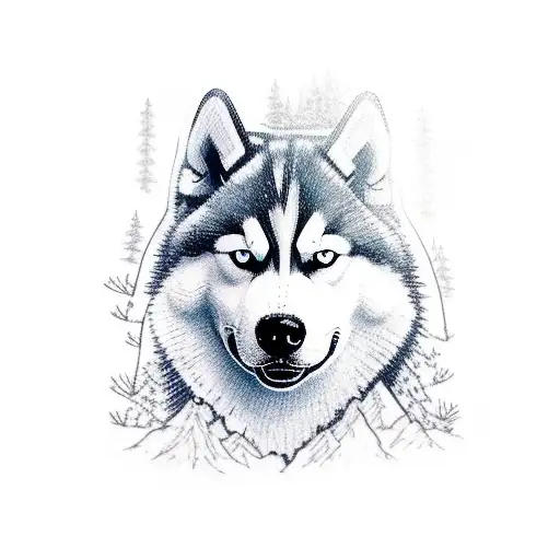 husky in a forest with snow capped mountains in background tattoo design idea