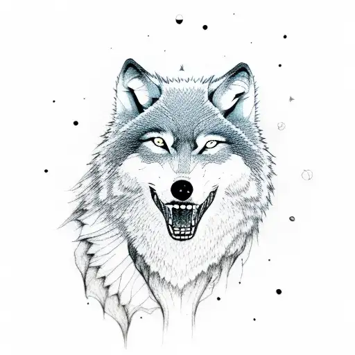A wolf howling at the moon in a dotwork style tattoo design idea