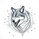 A wolf howling at the moon in a dotwork style tattoo design idea