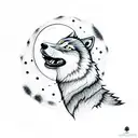 A wolf howling at the moon in a dotwork style tattoo design idea