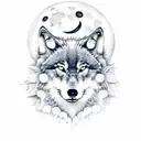 A wolf howling at the moon in a dotwork style tattoo design idea