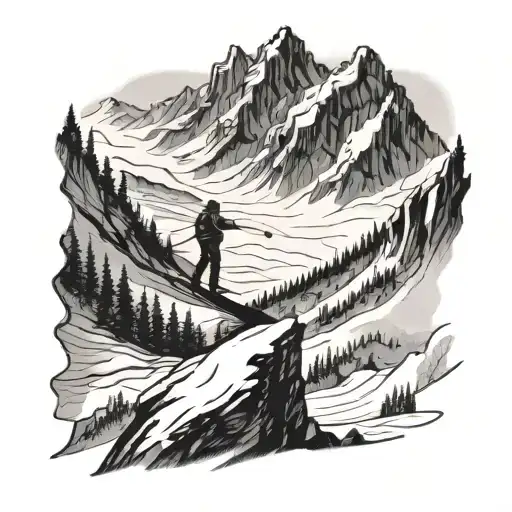 A majestic mountain landscape with a skier carving through fresh powder tattoo design idea