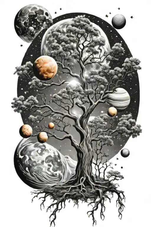 tree in the milky way with planets on the branches tattoo design idea