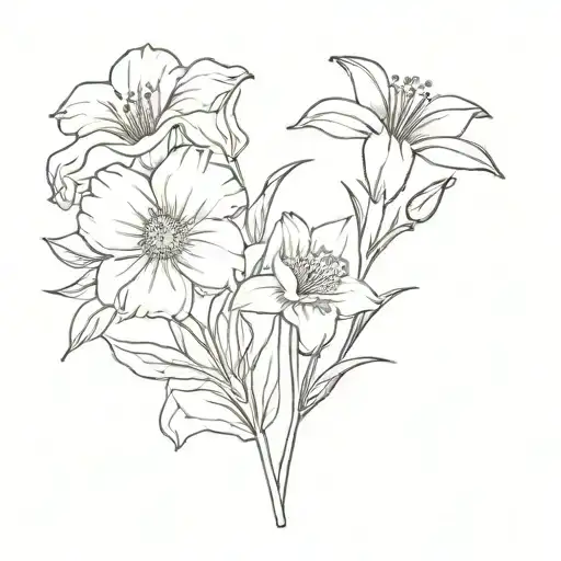 Daisy, carnation, daffodil, lily of the valley, poppy, morning glory tattoo design idea