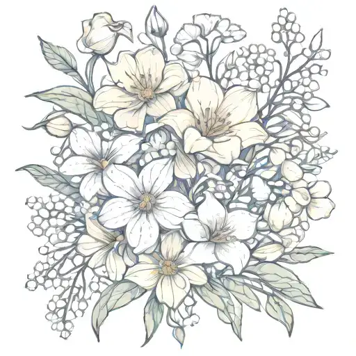 Daisy, carnation, daffodil, lily of the valley, poppy, morning glory bouquet  tattoo design idea