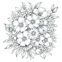 Daisy, carnation, daffodil, lily of the valley, poppy, morning glory bouquet  tattoo design idea