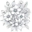 Daisy, carnation, daffodil, lily of the valley, poppy, morning glory bouquet  tattoo design idea