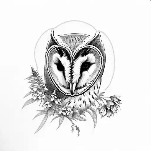 full barn owl with larkspur flowers tattoo design idea