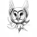 barn owl with larkspur flower tattoo design idea