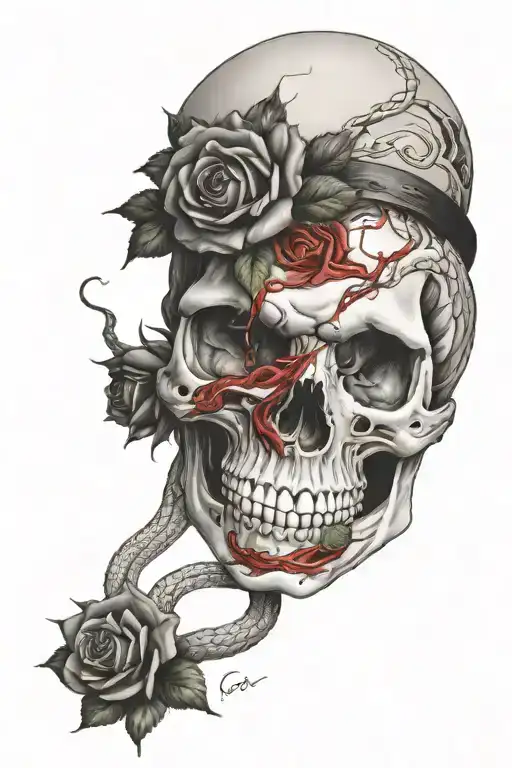 snake rose fire death skull tattoo design idea