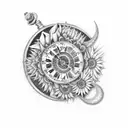 Broken pocket watch, surrounded with sunflowers and roses, a crescent moon and star tattoo design idea