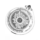 Broken pocket watch, surrounded with sunflowers and roses, a crescent moon and star tattoo design idea