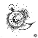 Broken pocket watch, surrounded with sunflowers and roses, a crescent moon and star tattoo design idea