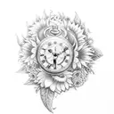 Broken pocket watch with the watch hands slightly after 7, surrounded with sunflowers and roses, a crescent moon  tattoo design idea