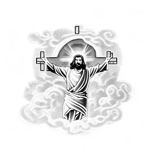 Jesus in the clouds with a glowing cross with the verse 2 Chronicals 15:7 behind him. tattoo design idea