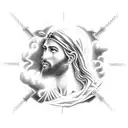 Jesus in the clouds with a glowing cross with the verse 2 Chronicals 15:7 behind him. tattoo design idea
